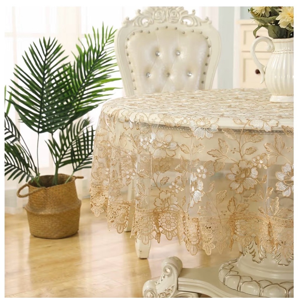Elegant Lace Tablecloth - Gold Round Floral Design 60in